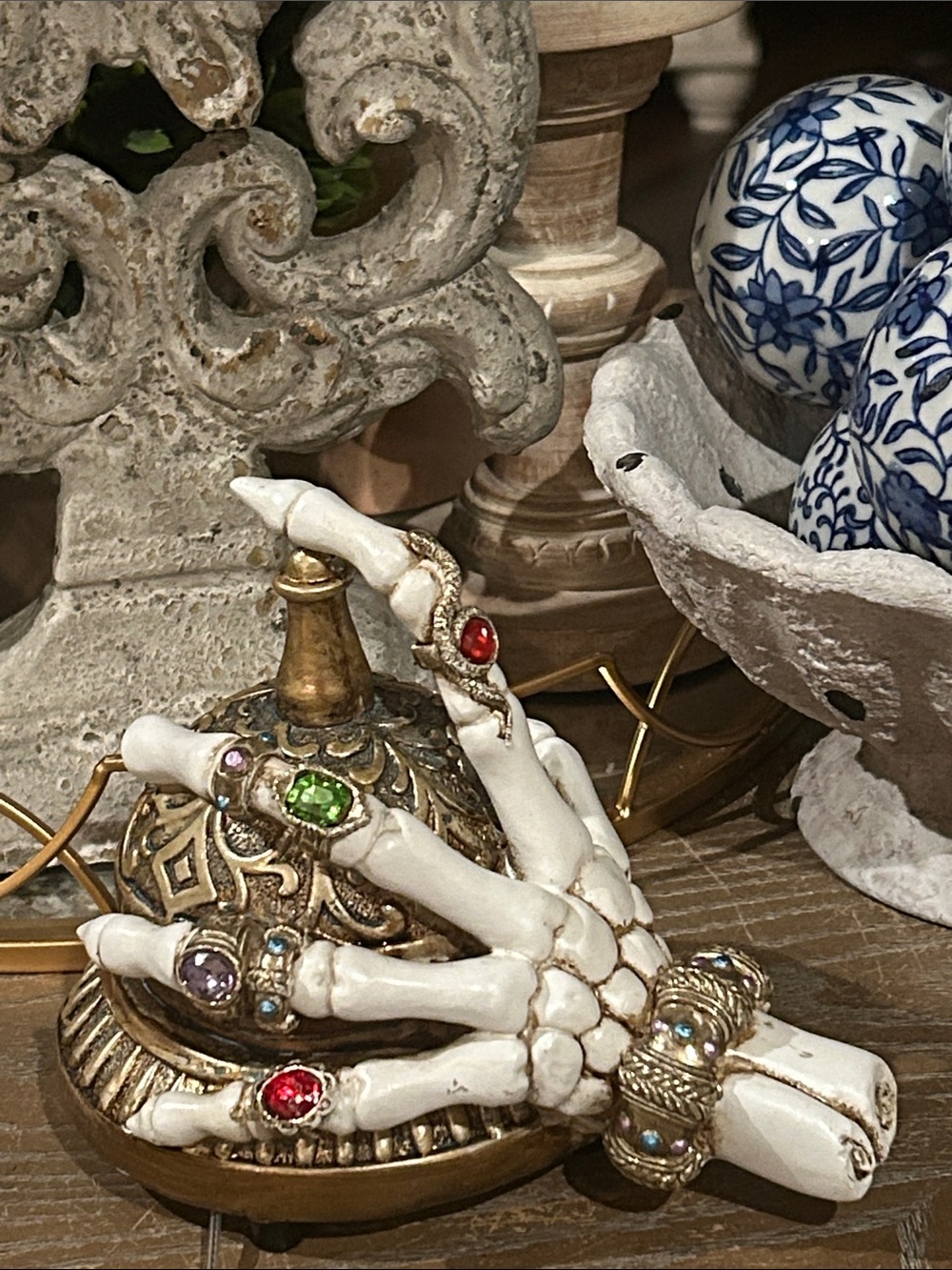 NEW! Halloween Skeleton Hand Haunted Hotel Bellhop Bell with Gemstone Rings
